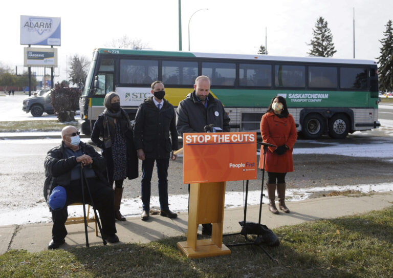 NDP rolls up to Prince Albert in STC Bus to promote promise to revive service