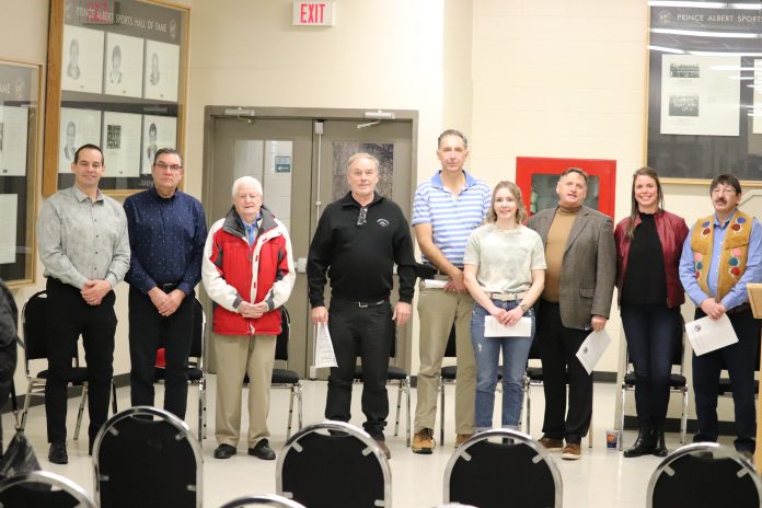 The Prince Albert Sports Hall of Fame unveiled their next class of inductees during a short ceremony on Friday. Inductees and representatives posed for a photo following the announcement. -- Nathan Reiter/Daily Herald