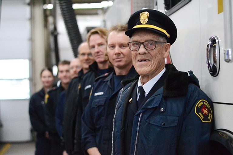 Retired Prince Albert firefighter made chief for a day as part of 90th birthday surprise