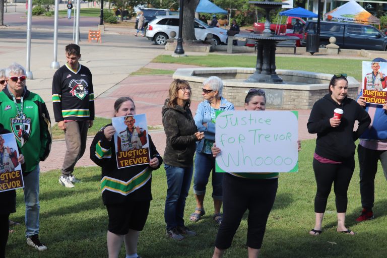 ‘People don’t feel safe’: community rallies in front of provincial court house as man accused of murdering Trevor Laplante appears before judge